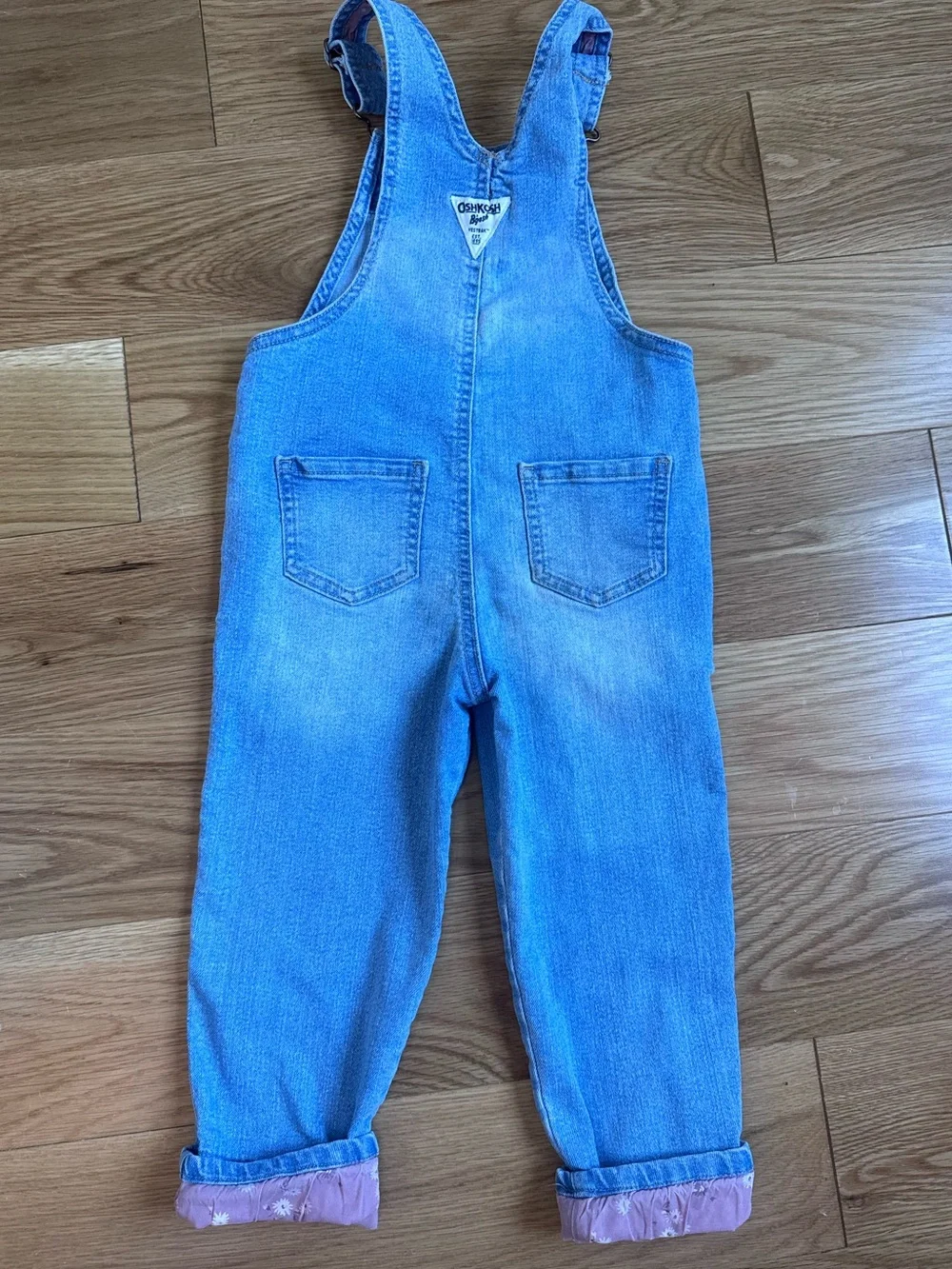 OshKosh B'gosh Light Blue Denim Overalls with Pink Floral Cuff Lining